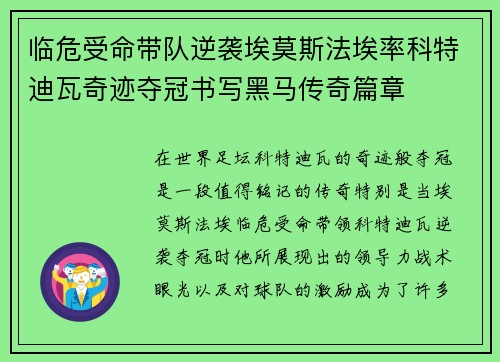 临危受命带队逆袭埃莫斯法埃率科特迪瓦奇迹夺冠书写黑马传奇篇章 临危受命带队逆袭埃莫斯法埃率科特迪瓦奇迹夺冠书写黑马传奇篇章