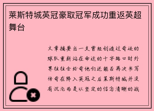 莱斯特城英冠豪取冠军成功重返英超舞台 莱斯特城英冠豪取冠军成功重返英超舞台